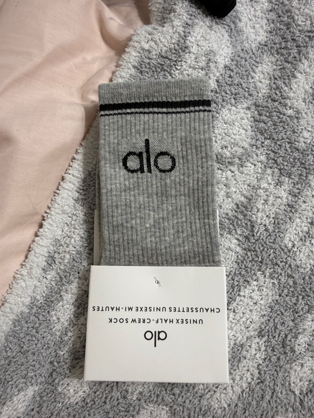 ALO Yoga Gray Crew Socks with Black Logo and Stripe